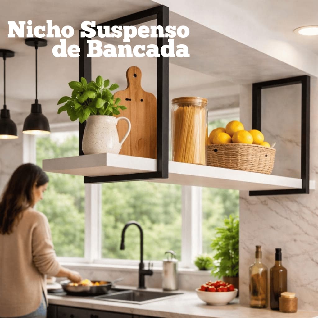 Nicho Suspenso de Bancada Industrial em Madeira e Ferro Prateleira Decorativa Moderna Porta Temperos