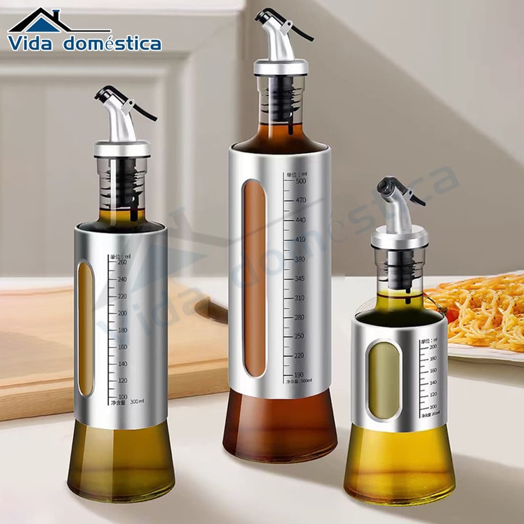 Galheteiro Feito em Aço Inox e Vidro com Bico Dosador 200ml /300ml Multiuso para Vinagre, Azeite e Pimenta