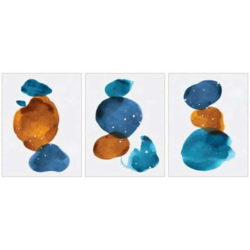 Quadro Decorativo Abstrato Pedras Azul e Terracota 3 Peças MDF 40x60cm - H.E.P Decore