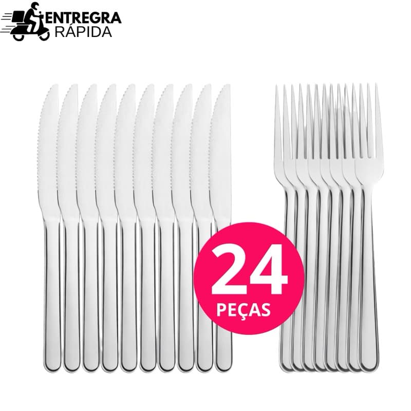 Jogo de Talheres 24 ou 12 peças Aço Inox Facas e Garfos de Mesa Para Cozinha e Restaurantes