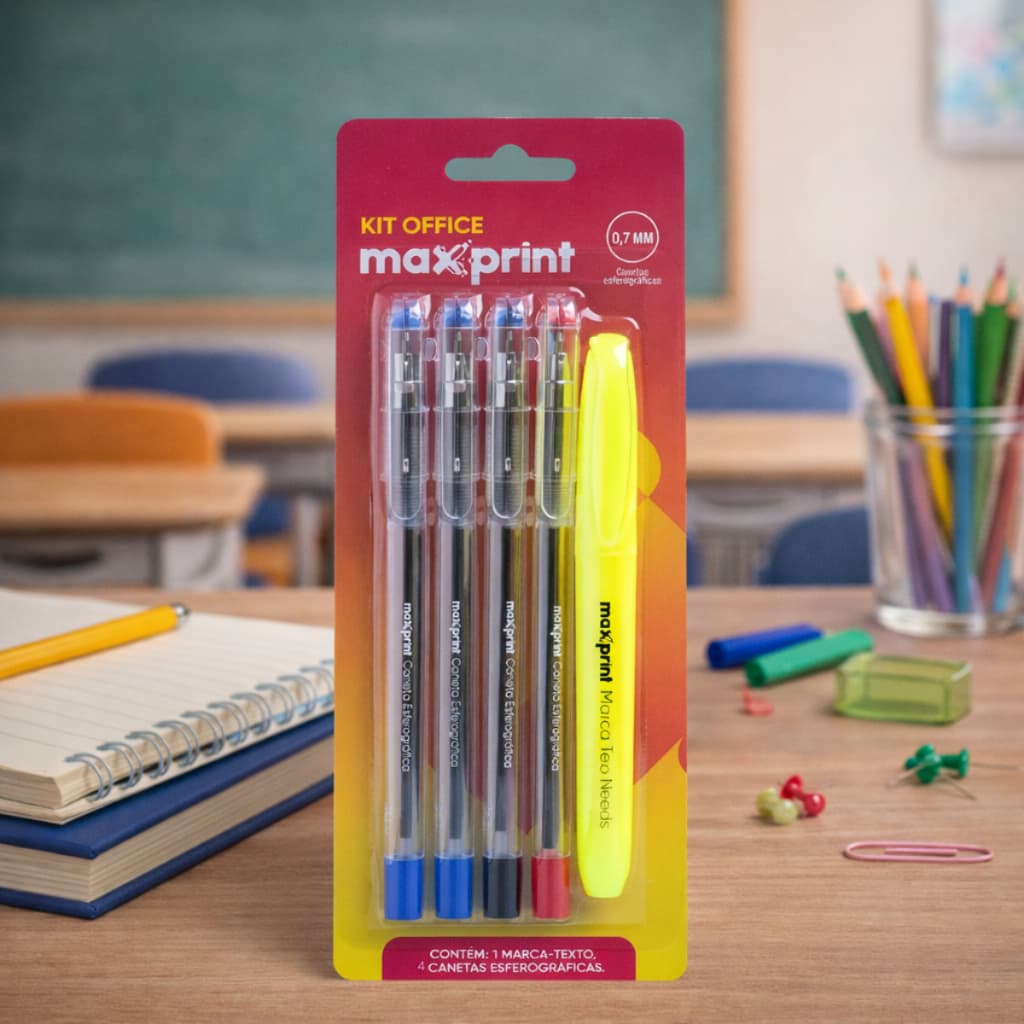 Kit Essencial Escolar 4 Canetas 0.7mm E Marca Texto Amarelo - Maxprint