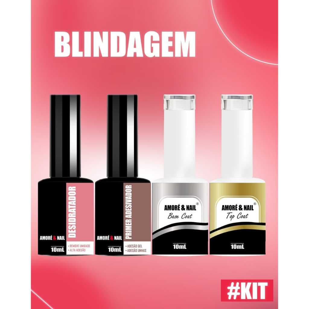 Kit Blindagem AMORÉ&NAIL Adesivador + Desidratador + Top Coat + Base Coat Led/Uv Unhas