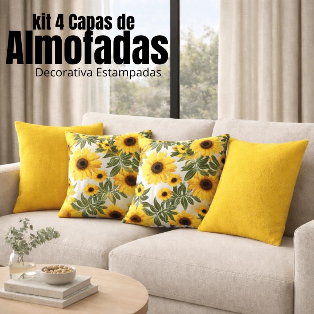 kit 4 Capas de Almofadas 40x40cm Decorativa Estampadas  Gorgurinho Girassois Amarelo