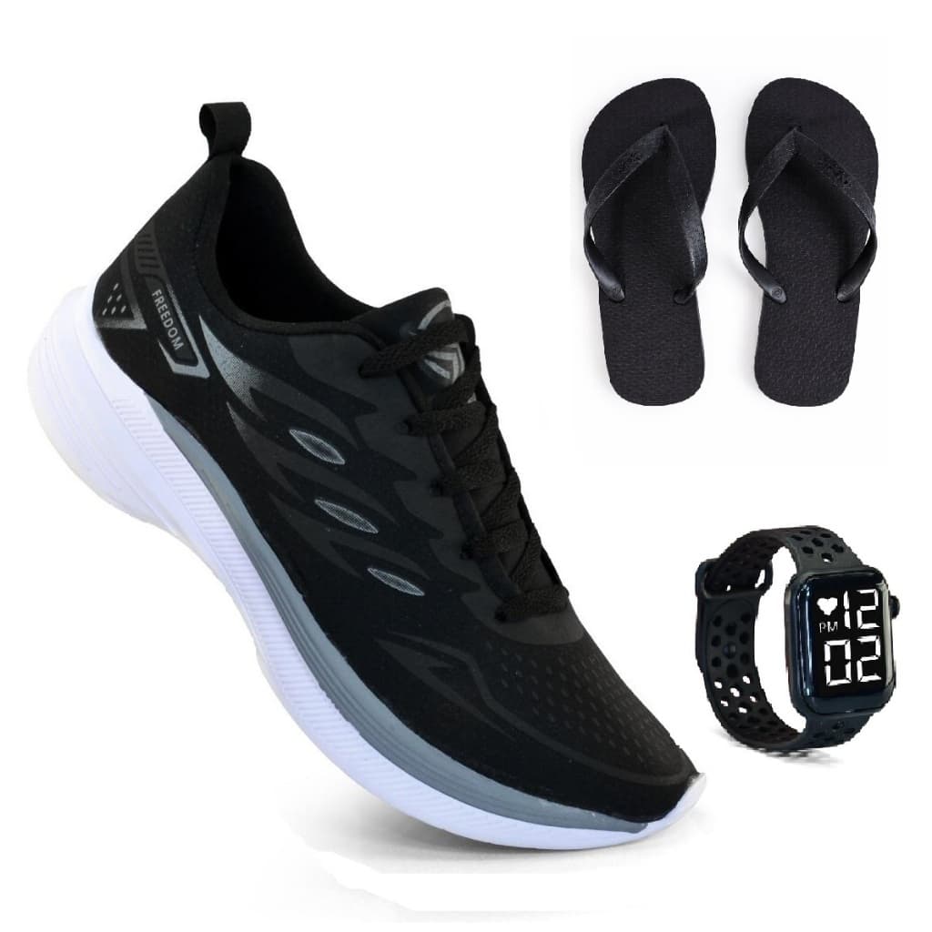 Tenis Masculino  + Relogio + Chinelo Esportivo Caminhada Corrida Treino Versatil Macio e Leve Promoção