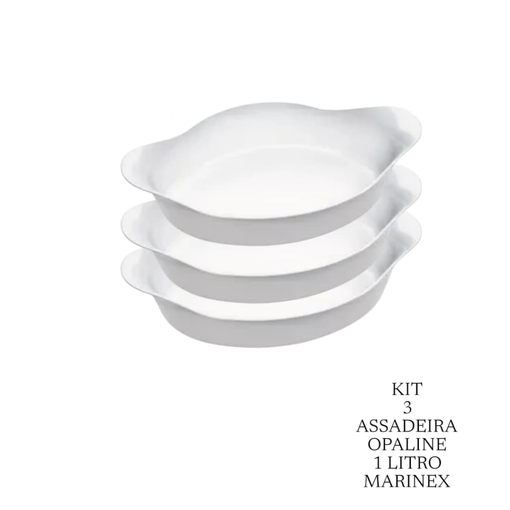 Kit 3 Assadeira Travessa de Vidro Marinex Opaline Branca 1 Litro Forno Airfray Micro-ondas