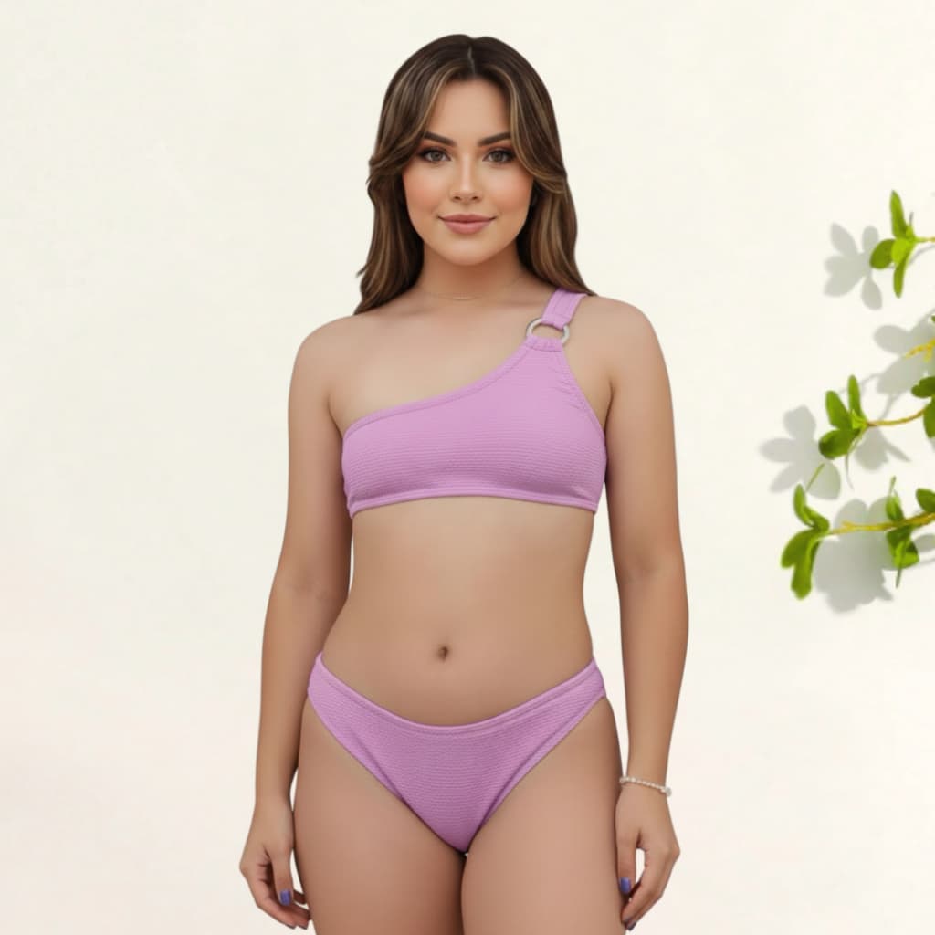 Conjunto de Biquíni para Meninas Ombro Único Tecido Canelado - Praia e Verão