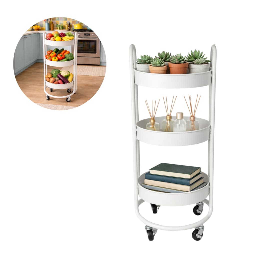 Organizador De Metal Redondo Com Rodinhas Cor Branco Fruteira Cozinha Multiuso 3 Prateleiras