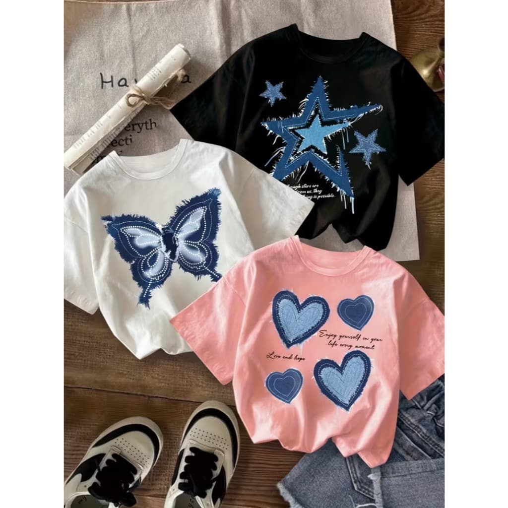 Kit 3 Camisetas Blusinha Infantil Estampas Corações Baratinhas Algodão Borboletinha Delicada Fashion