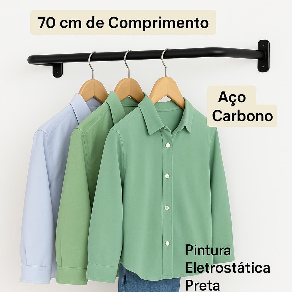 Cabideiro Arara 70cm Aço Reforçado - Closet/parede - Kit com 3 Peças | Branca | Preto