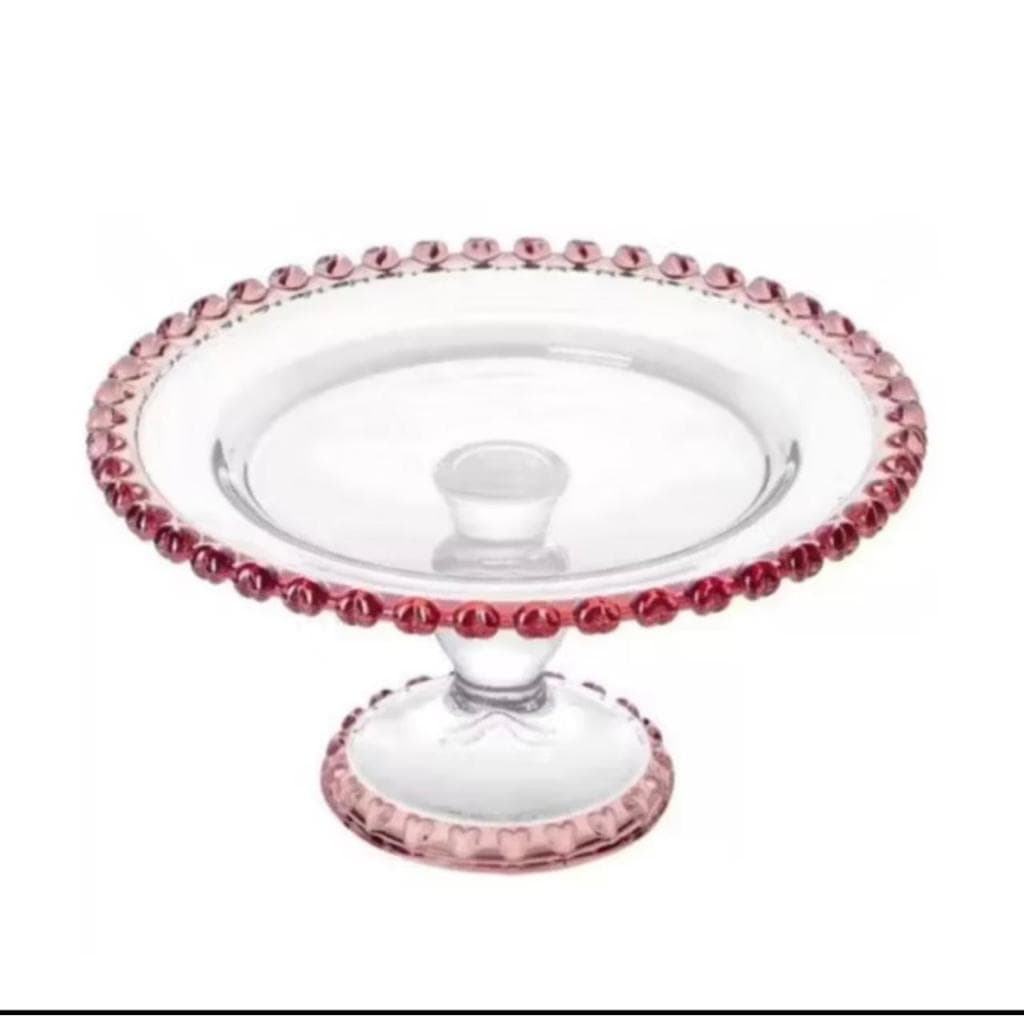 Boleira , prato com pe para bolo borda rosa linha de coraçao Ambar Rosa e cristal