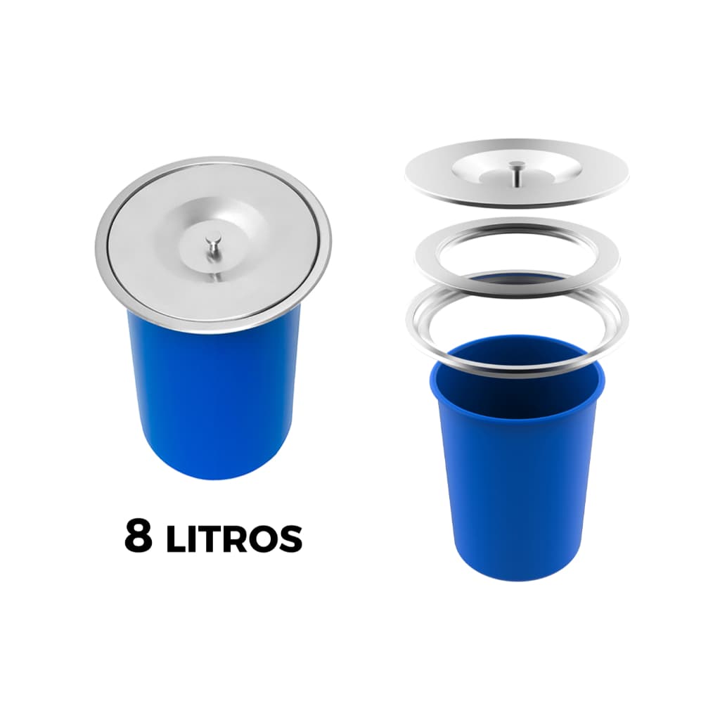 Lixeira Calha Úmida Embutir Bancada 8L Balde Plástico Tampa Removível Em Aço Inox Escovado