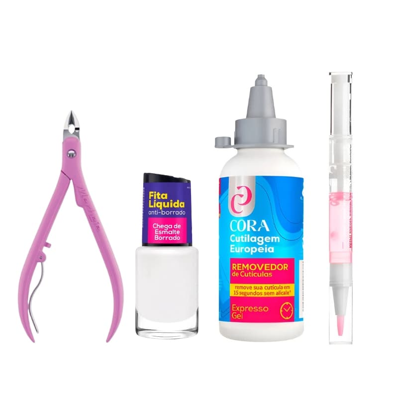 Kit Tira Cutícula - Removedor 100ml Cora + Caneta de Óleo + Fita Líquida Cora + Alicate Cutícula Merheje