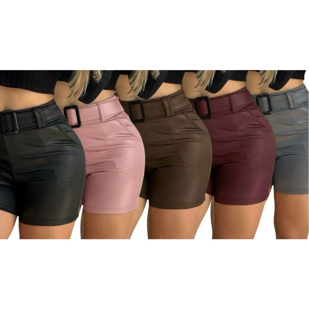 Short Couro Fake Shortinho Cirre Cintura Alta Curto Com Cinto e Bolsos Cores Tendencia 2026