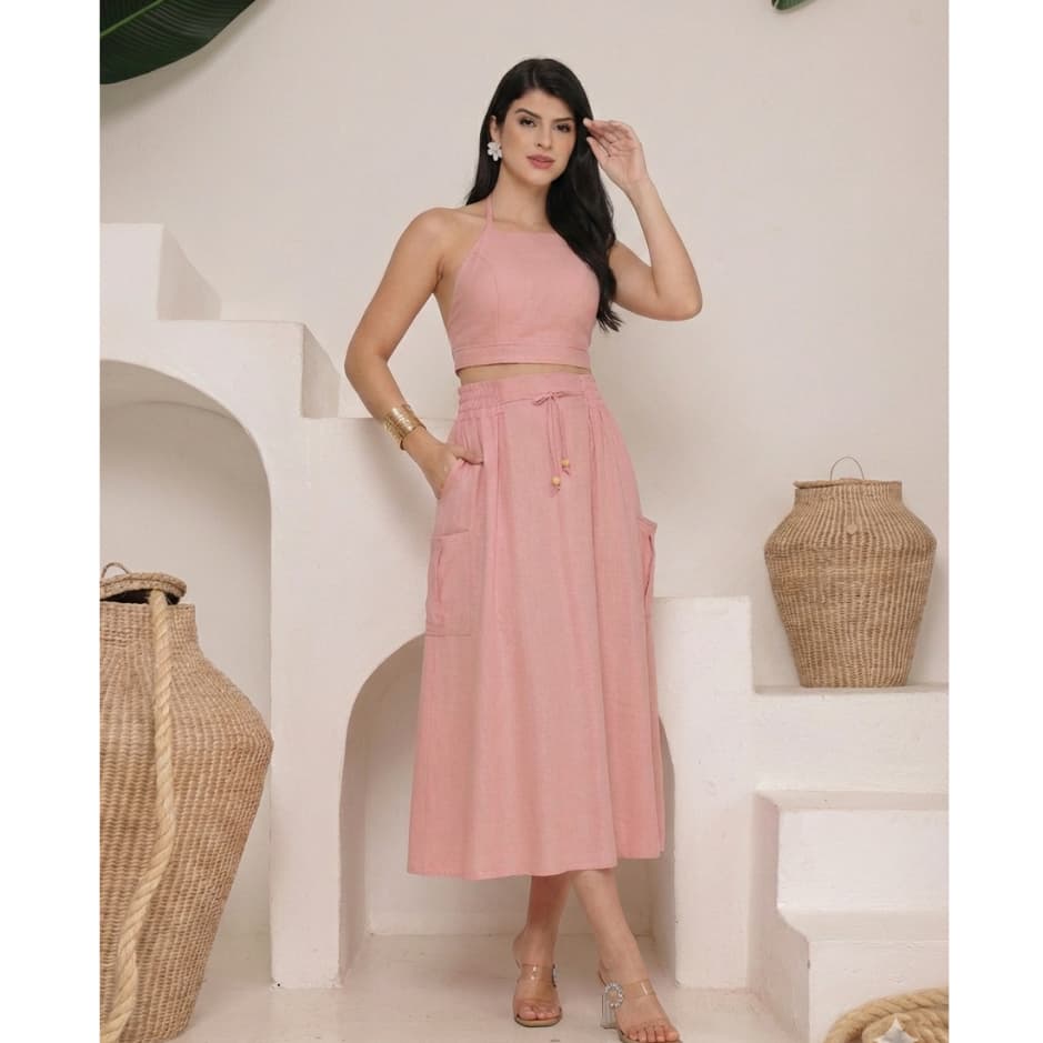 Saia Midi Linho Estampada Forrada Cintura alta com Bolso Moda Casual