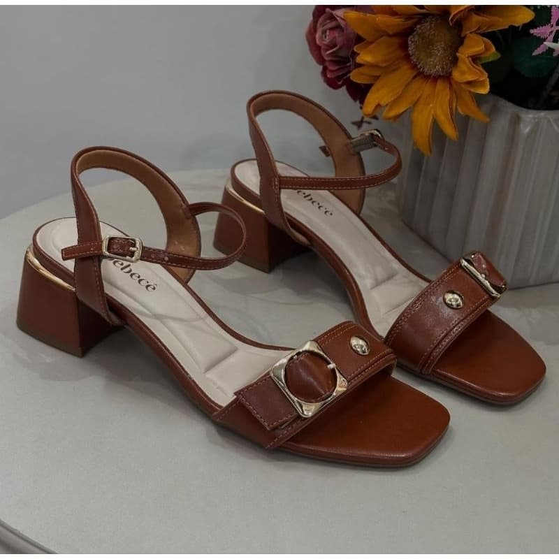 Sandália Feminina Salto Baixo Bloco Estilo Elegante Bebece - Marrom Escuro+Dourado