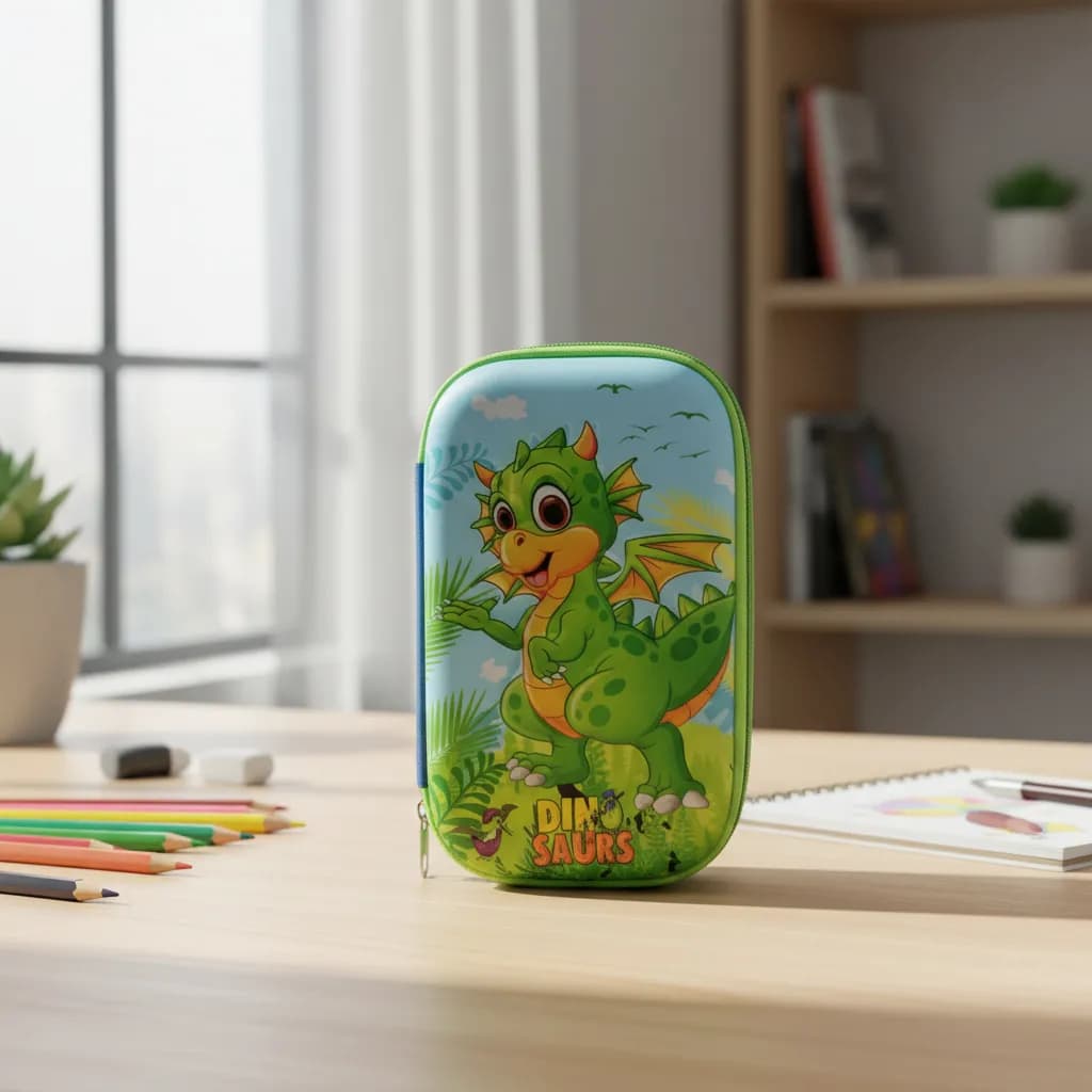 Estojo escolar 3D. com estampa de dinossauro.