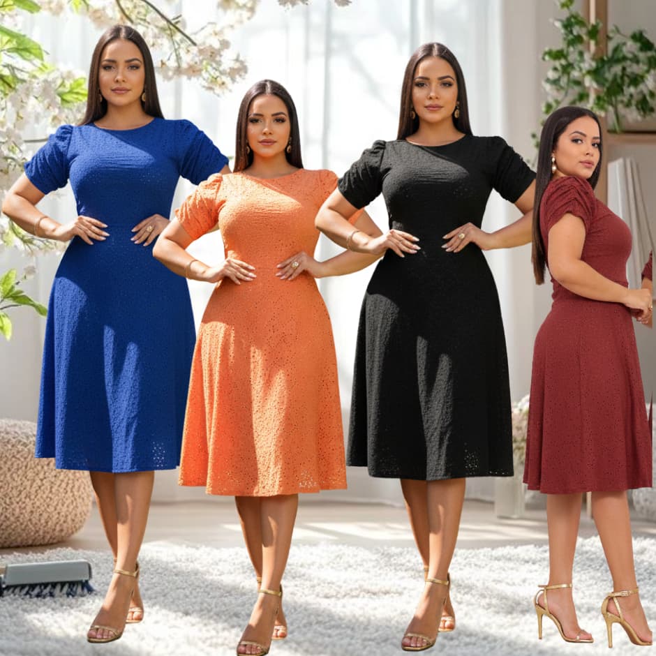 Vestido Feminino Midi Malha Lesse Elastano Manga Bufante Moda Evangélica Social Festa Elegante Plus