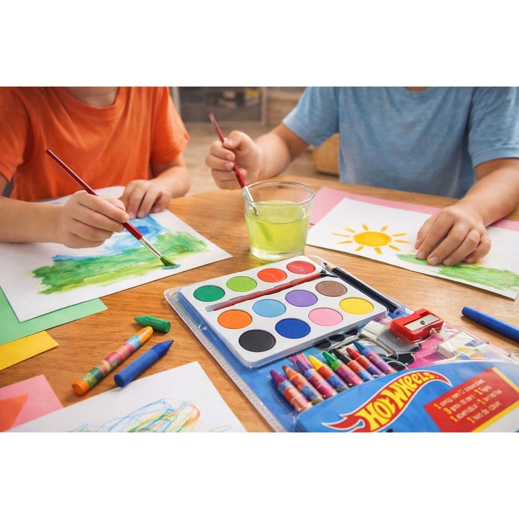 Kit Pintura Infantil menino  Hot Wheels Giz de Cera, Lápis preto, Borracha, Apontador, Aquarela com 12 Cores com Pincel
