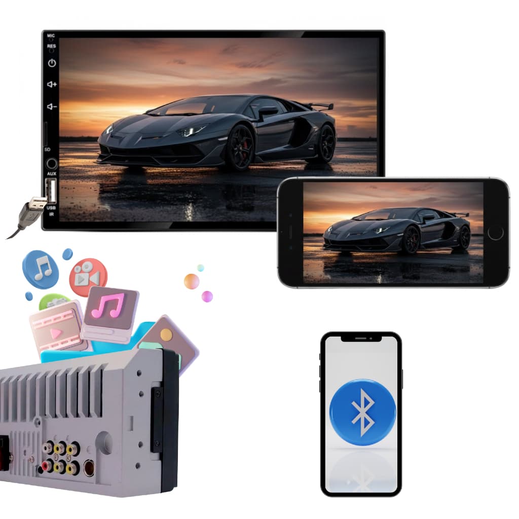 Central Multimídia Espelhamento Celular 2 Din 7 Polegadas,Touch Screen, Bluetooth 5.0 Sem Fio, USB