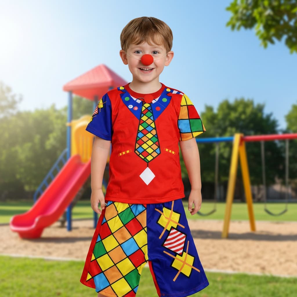 Fantasia Infantil Palhacinho Colorido – Camiseta + Shorts + Nariz  Festa Circo e Escola ENVIO RÁPIDO