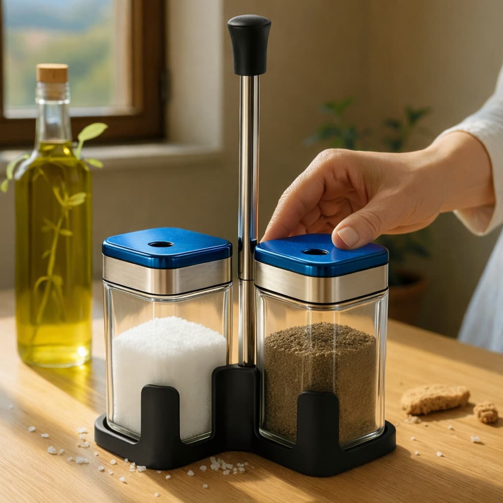 Jogo de Saleiro Duo de Vidro com Tampa Inox e Suporte – Elegância e Praticidade na Mesa AliDoLado