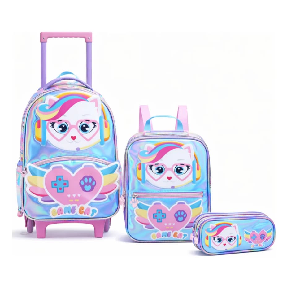 Mochila De Rodinha Escolar Infantil Cat Meninas Gatinho Lancheira E Estojo