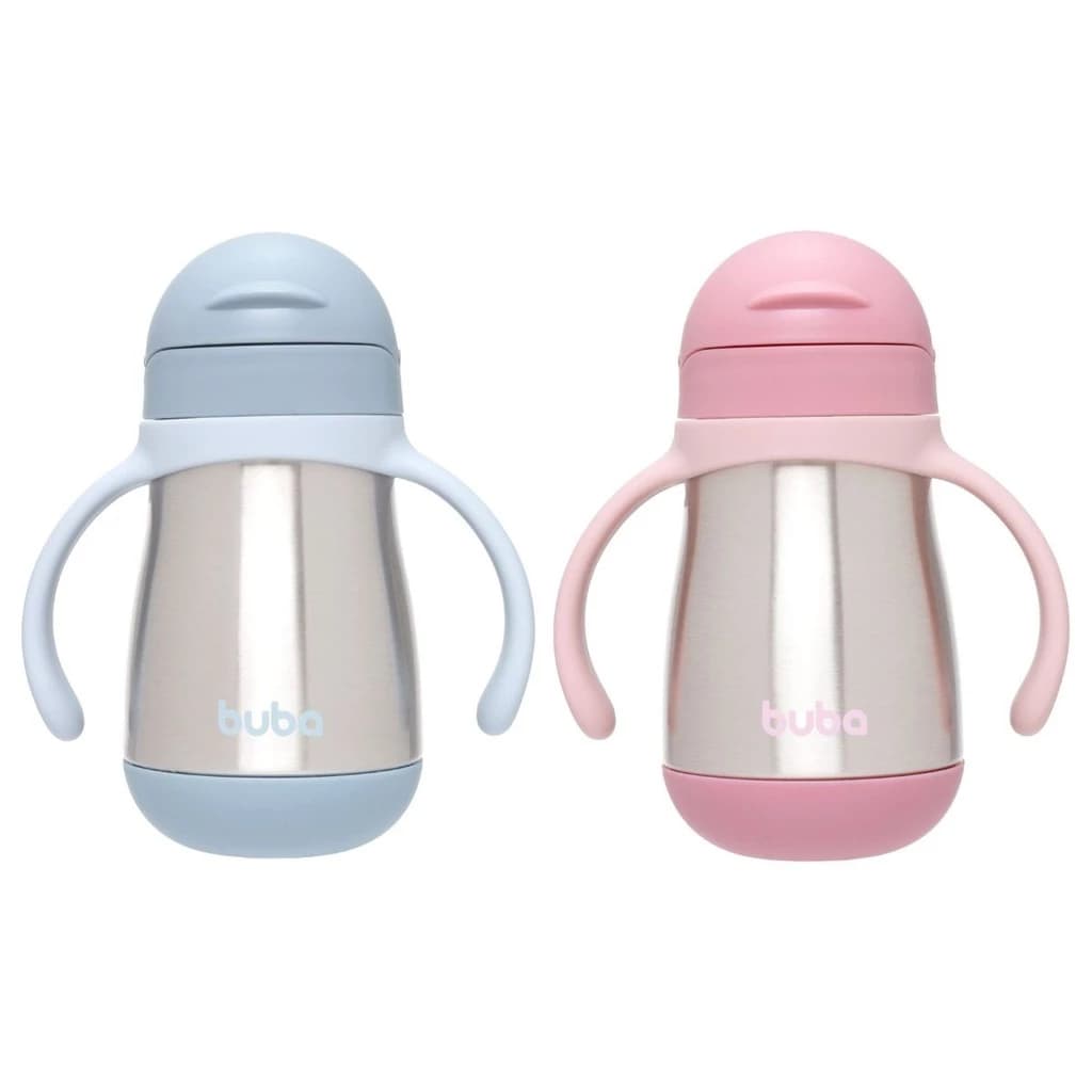 Garrafa Copo Térmico Parede Dupla Com Alça Azul Rosa Quente Frio 5h Buba +3 Anos 270ml