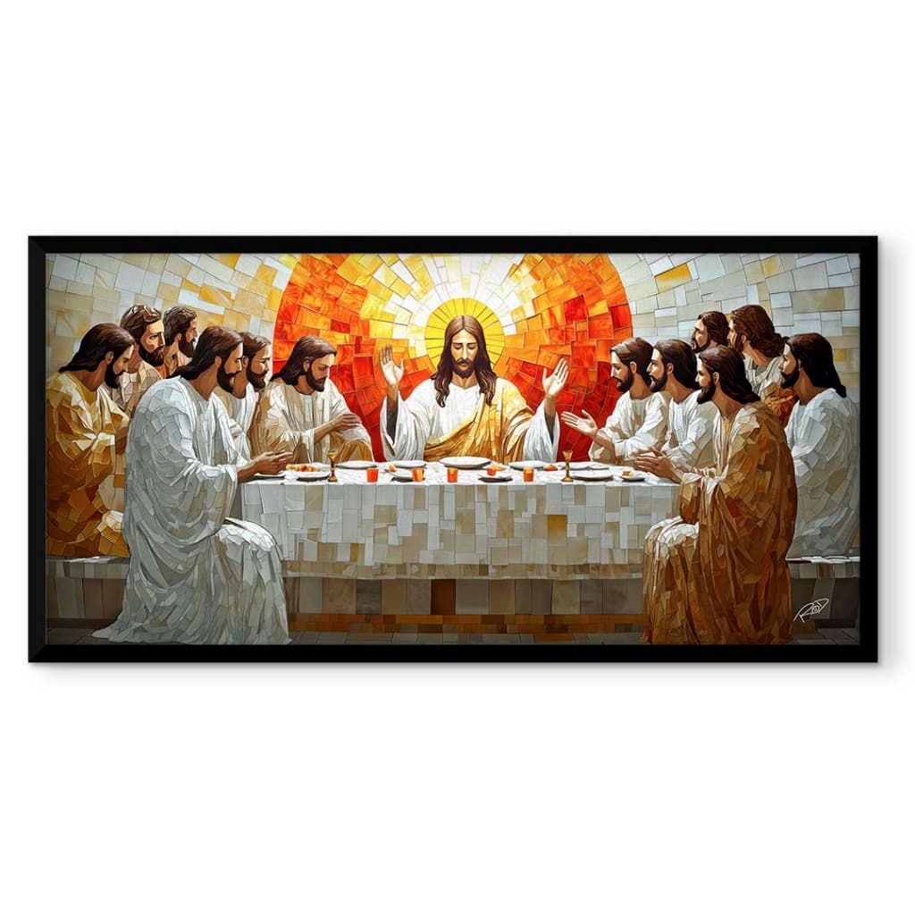 Quadro Decorativo Vidro Santa Ceia Religioso Cores Arte Design Assinado 103x53