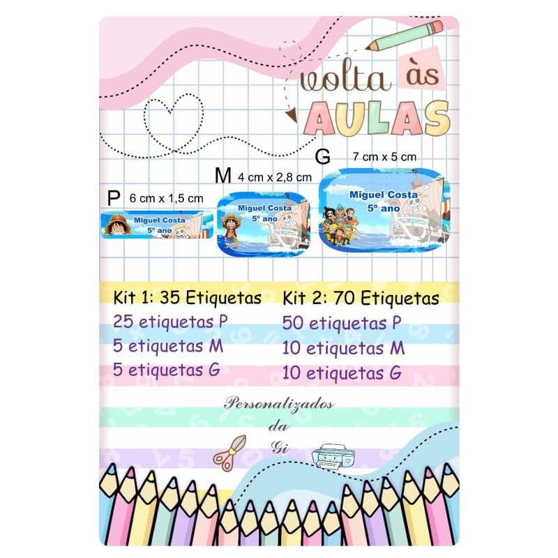 Kit Etiqueta Escolar One Piece / etiquetas para lápis/ Material escolar/ canetinhas.