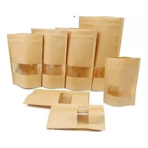 Kit 50 Unidades  Saco Papel Kraft  Stand Up Pouch C/ Visor Zip lock Hermético - Escolha Seu Tamanho