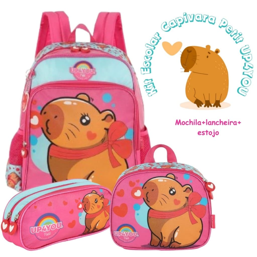 Mochila Escolar Infantil Menina Costas KIT Lancheira+Estojo Capivara Petit Up4you