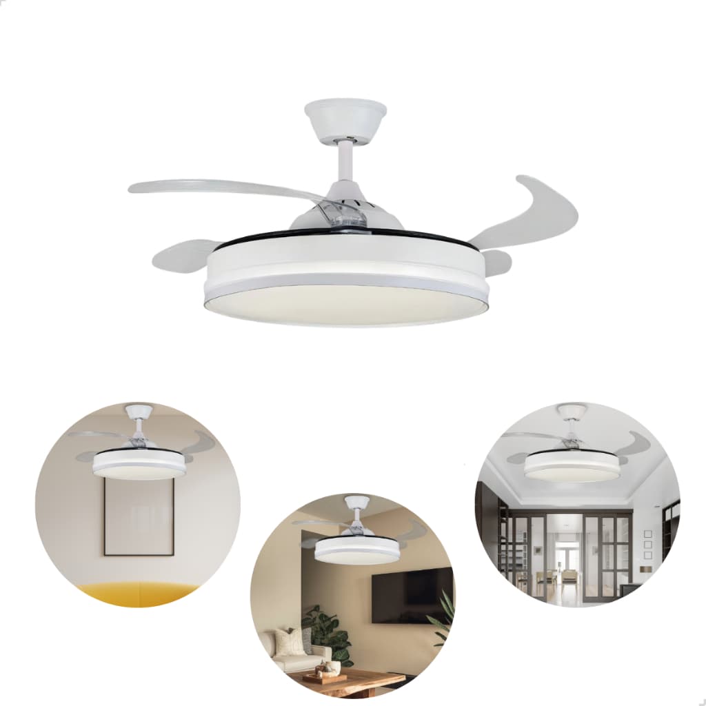 Ventilador Teto Retrátil Led 42'' Controle 4 Pás Transparente 6 Velocidades 36w 3 Em 1 - Bivolt
