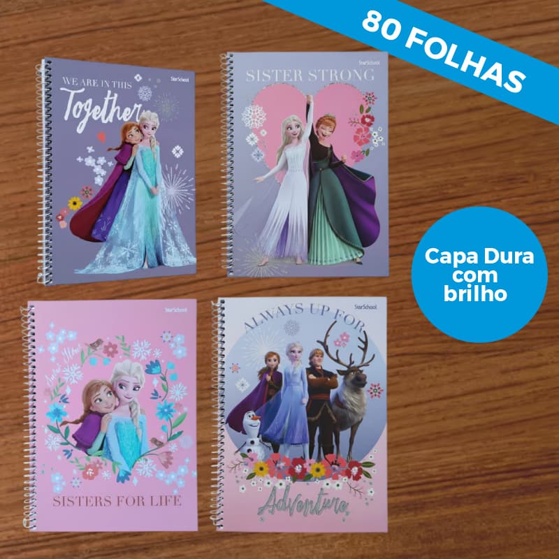 Caderno Universitário Frozen 1 Matéria 80 Folhas Capa Dura Espiral Escolar Elsa Ana Varias Estampas