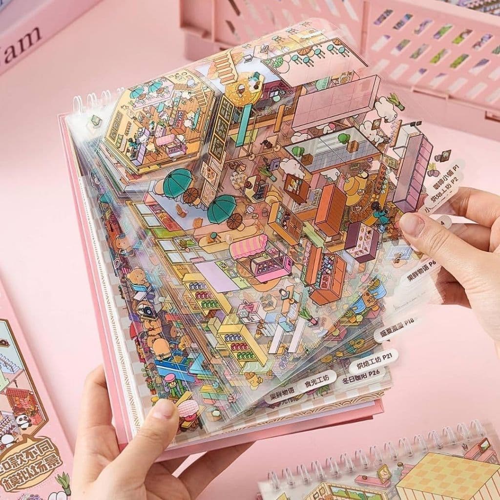 Livro Caderno de Adesivos 3D Infantil Montagem de Cenários Autocolante 08 Cenários DIY