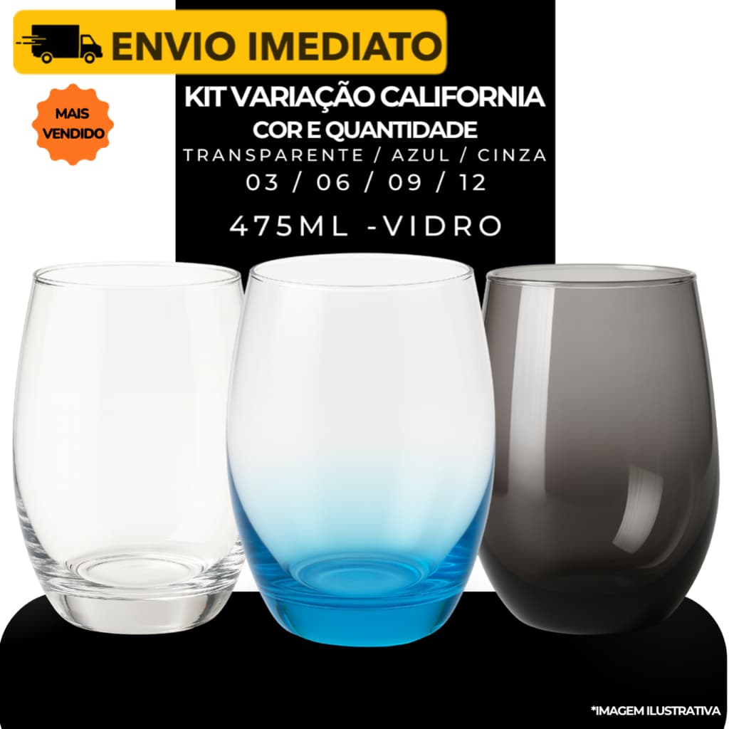 Jogo 12/9/6/3 Copos Luxo 475ml Vidro Azul Fumê Cinza Transparente - Resistente