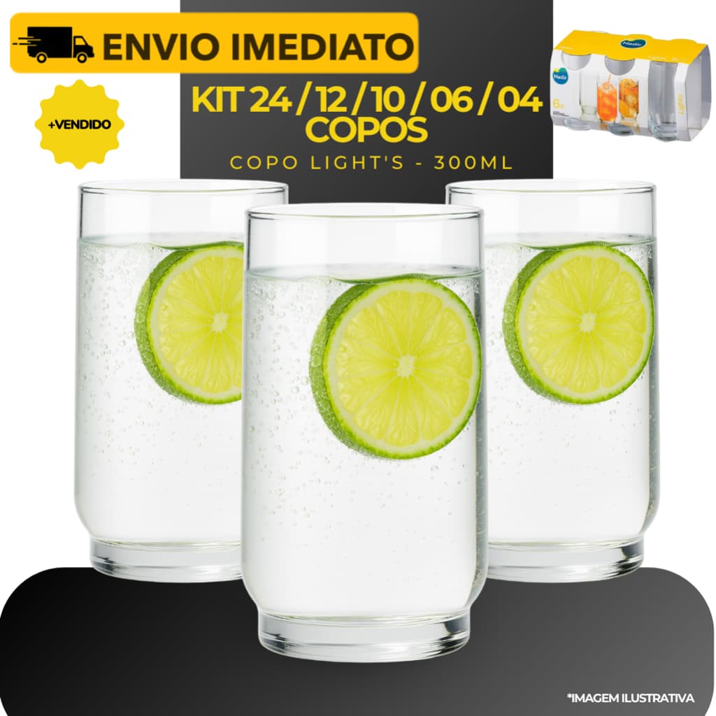 Kit 24/12/10/06/04 Copos Resistente Vidro Multiuso Vitamina Refrigerante Light's - 300ml Nadir