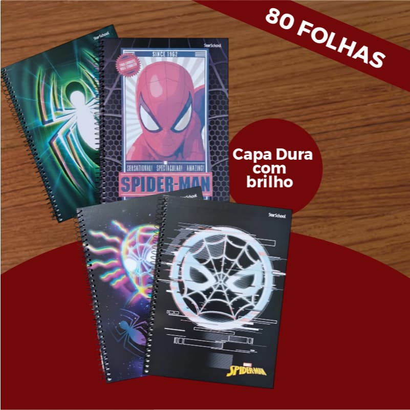 Caderno Universitário Do Homem Aranha Marvel 1 Matéria 80 Folhas Menino Capa Dura Espiral Escolar