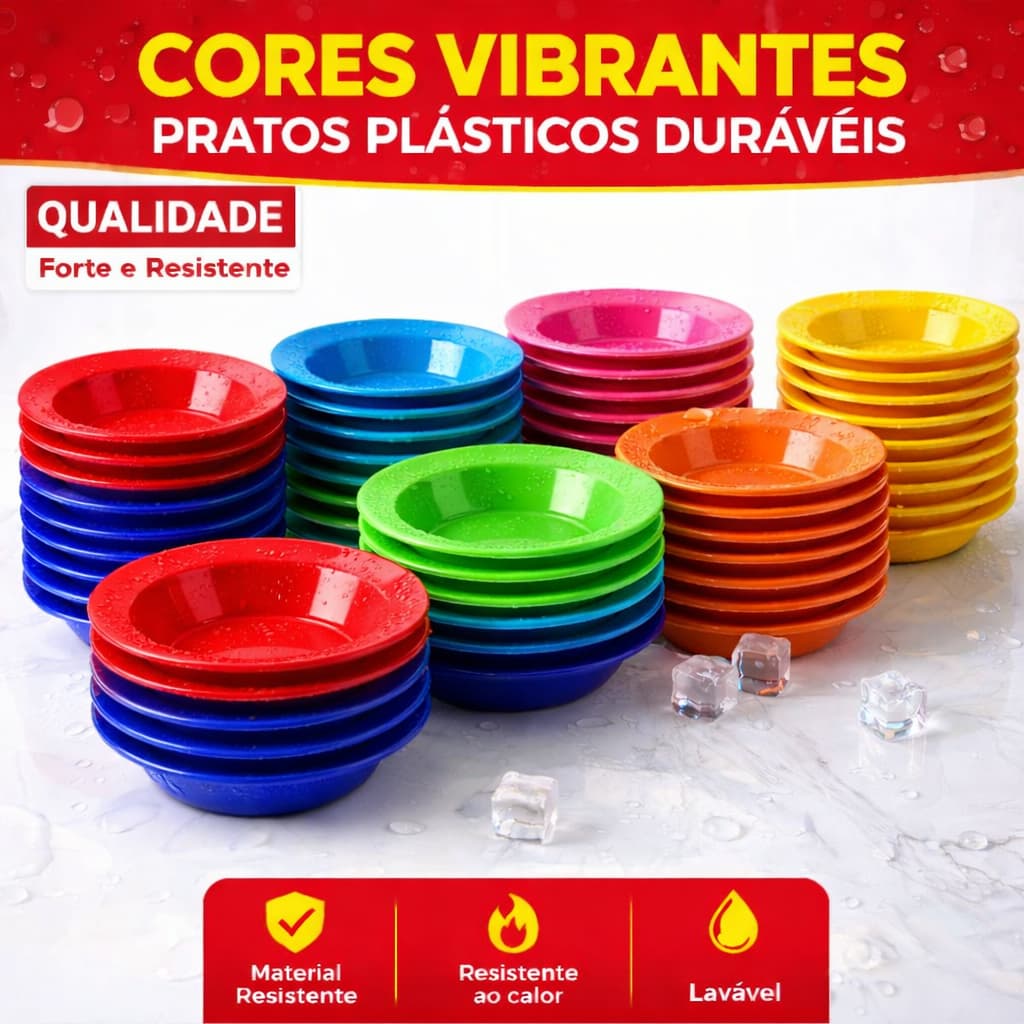 100 Pratos plastico resistente refeição fundo grande redondo kit colorido infantil adulto microondas