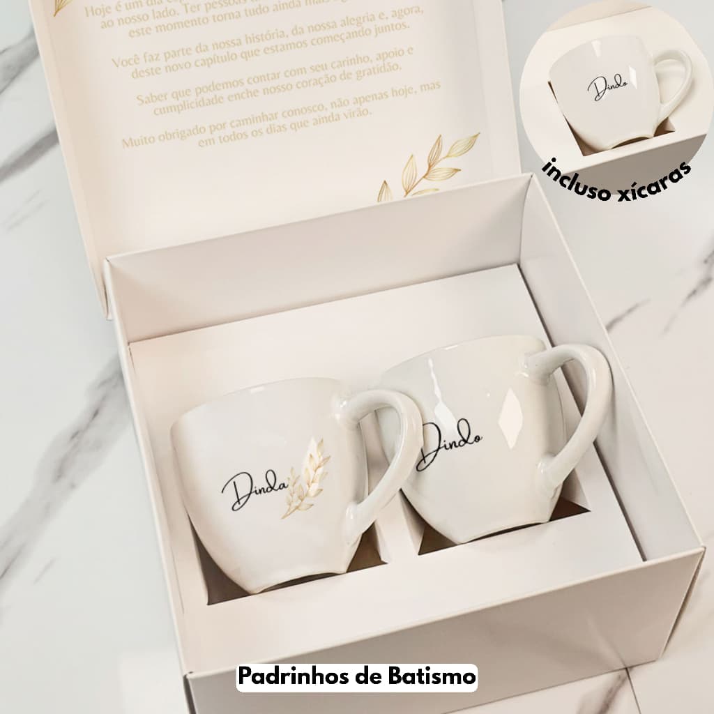 Caixa com Xícara porcelana para padrinhos de Batizado personalizada
