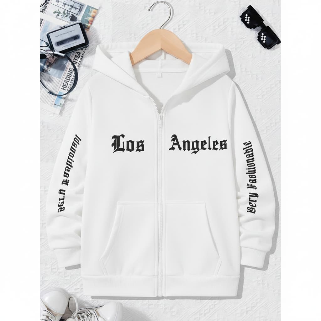 moleton com capuz ziper  confortável, estilo primavera e outono. estampa com slogan de Los Angeles, adolescentes
