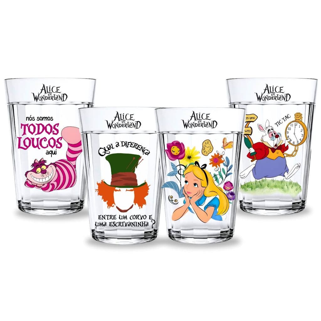 Kit 4 Copos Americanos Alice No País Das Maravilhas Frases Filme Presente Temático Criativo