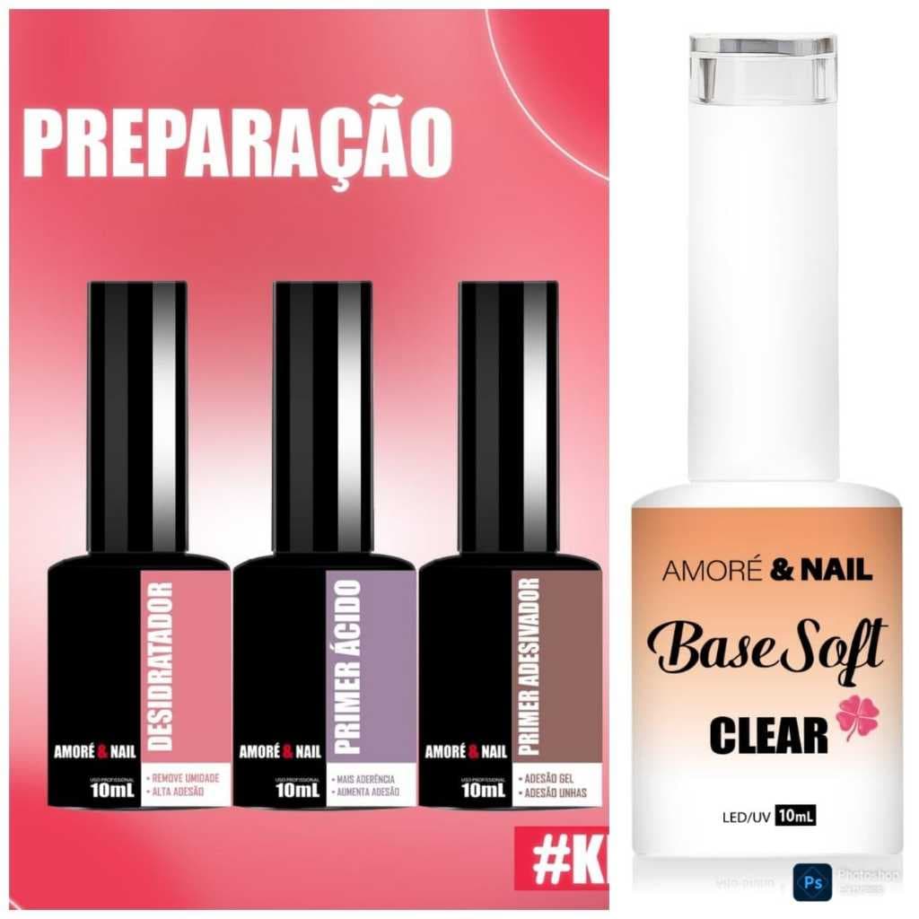 Kit Iniciante 3 Preparadores + 1 Base Soft 10ml Unhas Em Gel AMORÉ&NAIL Lançamento