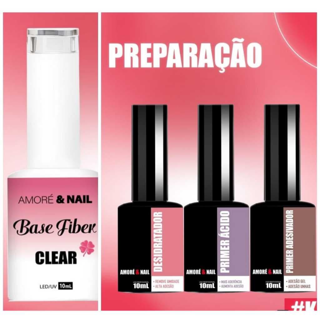 Kit Iniciante 3 Preparadores + 1 Base Fiber Clear 10ml Unhas Em Gel Colagem Fibra AMORÉ&NAIL Lançamento