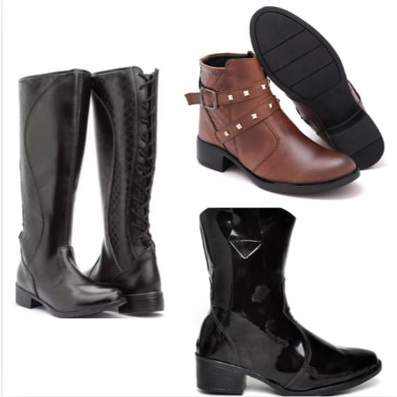 Bota de cano alto preta+bota feminina de couro sintético preta+Bota Feminina Coturno marrom