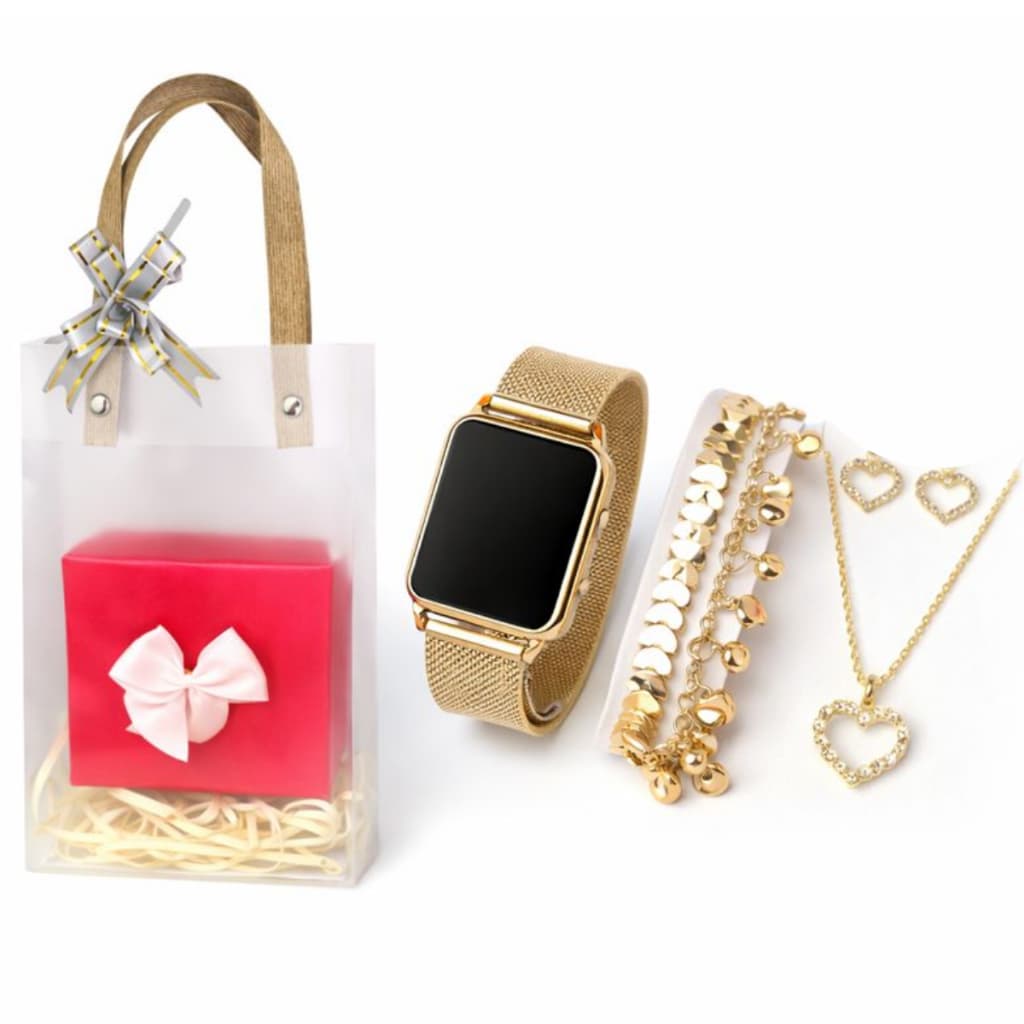Relógio Feminino Digital Luxo + Kit Colar Brincos Pulseira Presente + Sacola - Presente dia das Mães, presente de natal