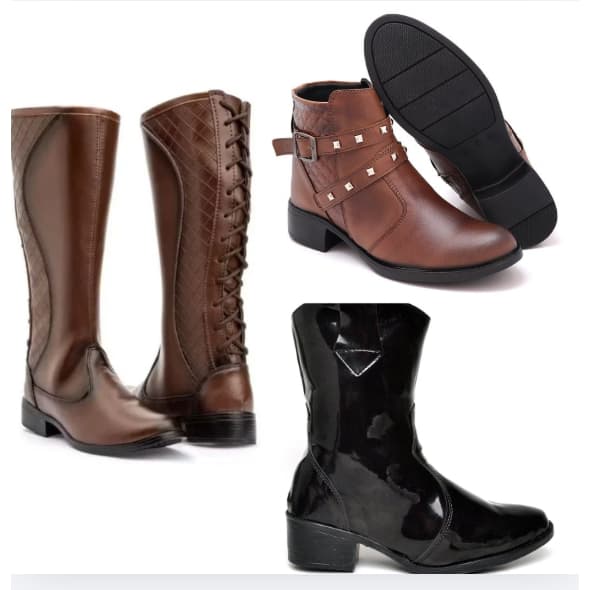 Bota de cano alto marrom+bota feminina de couro sintético preta+Bota Feminina Coturno marrom