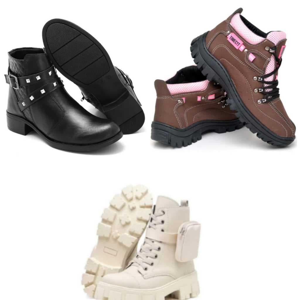 Bota Cano Baixo 206 PT + Coturno Adventure Marrom com Rosa + Coturno Feminino Tratorada com Bag Branco