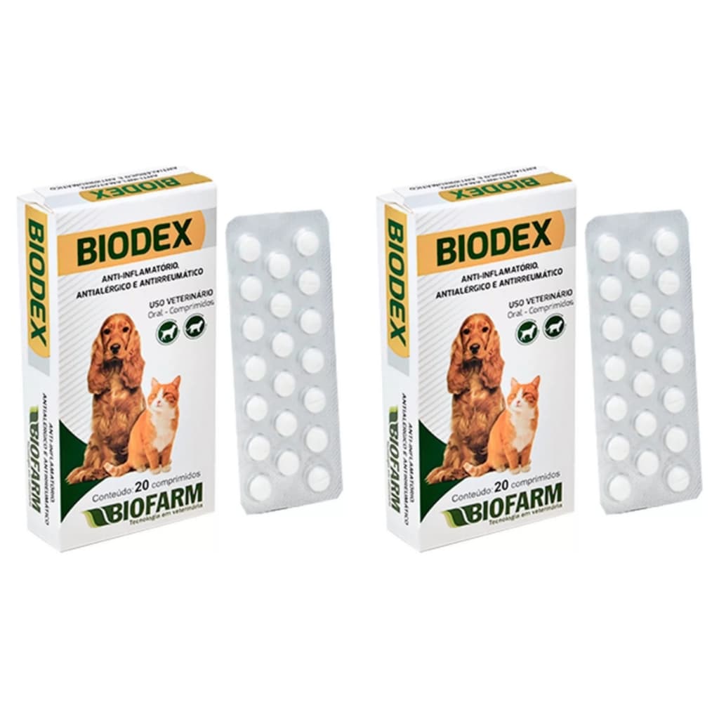 Biodex comprimidos 2 Cartelas, 40 Comprimidos, Antialégico e Anti-inflamatório para cães e gatos, Biofar