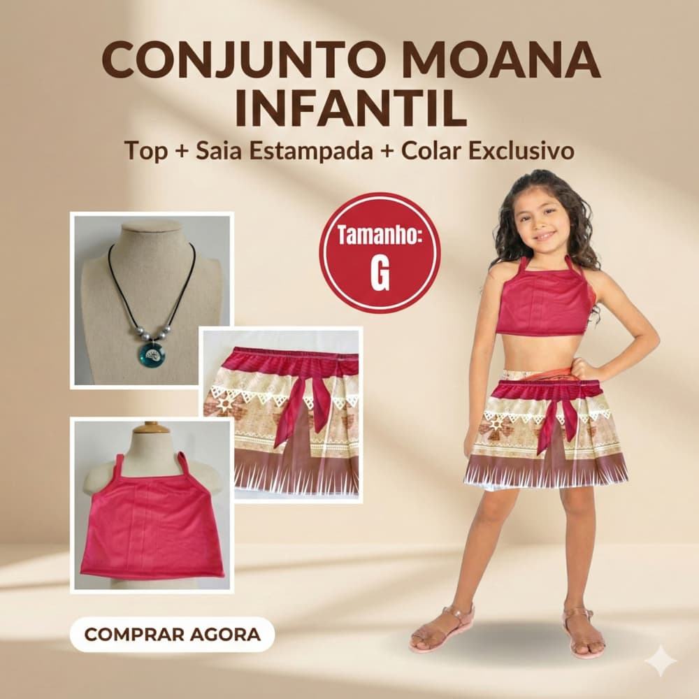 Conjunto Moana Infantil Completo Top, Saia e Colar Exclusivo Carnaval ou festas