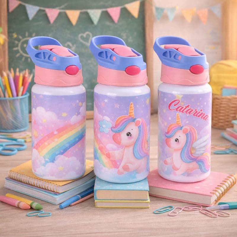 Garrafa de Alumínio Personalizada com Nome  - Volta as Aulas - Material Escolar - Tema de sua preferência
